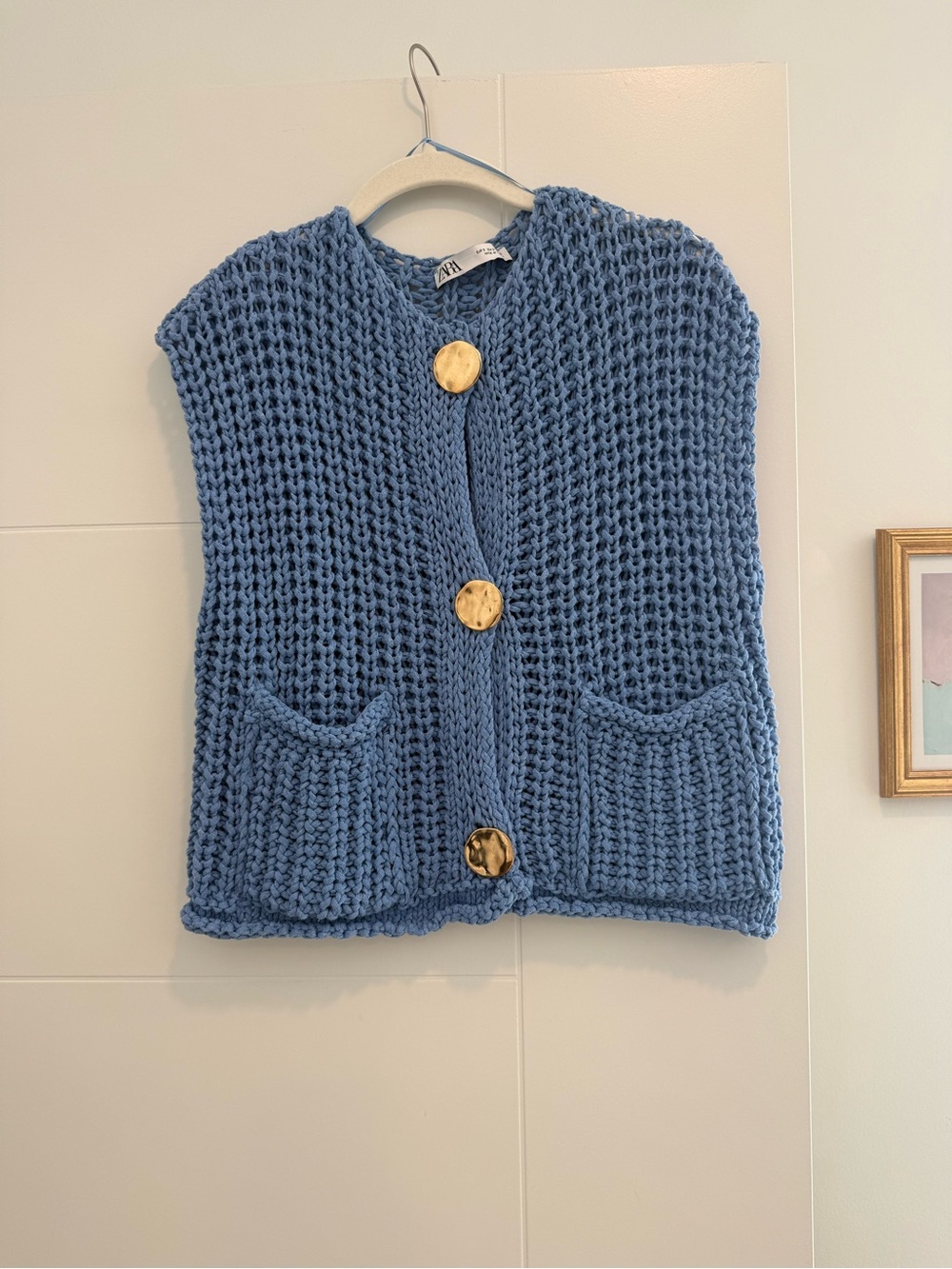Zara Chunky Knit Blue Button Vest - Picture 1 of 3